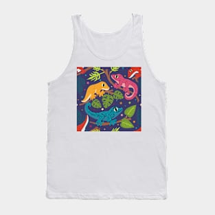 Colourful Geckos with Jungle Leaves and Stars on purple Tank Top